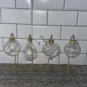 Clear Glass Christmas Ornaments With Glittery Snowflakes Gold Tops Various Shape